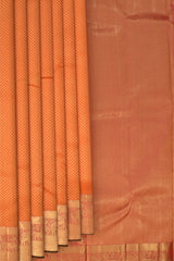 Saffron Orange Kanchipuram Silk Saree with Jackard Small leaf body with Elephant and Yaali Contrast border and Pink Pallu with Simha/ Singam Motif with intricate zig zag pattern