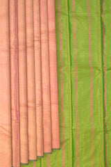 Pink Kanchipuram Silk Saree with Tissue Plain Tissue body with Plain Self border and Green Tissue Pallu with Pink Lines