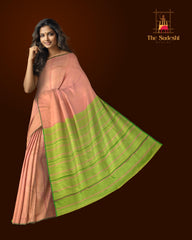 Pink Kanchipuram Silk Saree with Tissue Plain Tissue body with Plain Self border and Green Tissue Pallu with Pink Lines