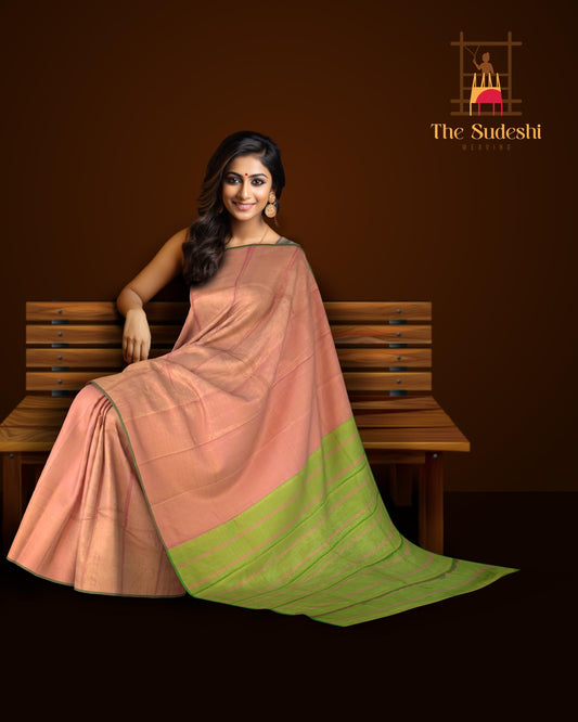 Pink Kanchipuram Silk Saree with Tissue Plain Tissue body with Plain Self border and Green Tissue Pallu with Pink Lines