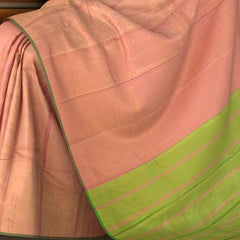 Pink Kanchipuram Silk Saree with Tissue Plain Tissue body with Plain Self border and Green Tissue Pallu with Pink Lines