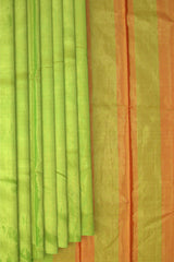 Parrot Green Kanchipuram Silk Saree with Tissue Plain Tissue body with Plain Self border and Red Tissue Pallu with lines