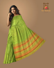 Parrot Green Kanchipuram Silk Saree with Tissue Plain Tissue body with Plain Self border and Red Tissue Pallu with lines
