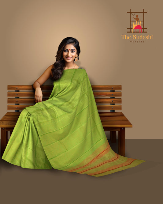 Parrot Green Kanchipuram Silk Saree with Tissue Plain Tissue body with Plain Self border and Red Tissue Pallu with lines