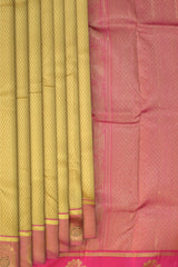 Beige Kanchipuram Silk Saree with Threadwork Tree threadwork saree body with Peacock Motif Contrast border and Bright Pink Pallu with Peacock Motif and diamond design