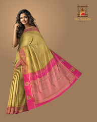 Beige Kanchipuram Silk Saree with Threadwork Tree threadwork saree body with Peacock Motif Contrast border and Bright Pink Pallu with Peacock Motif and diamond design