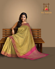 Beige Kanchipuram Silk Saree with Threadwork Tree threadwork saree body with Peacock Motif Contrast border and Bright Pink Pallu with Peacock Motif and diamond design