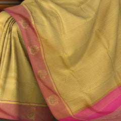 Beige Kanchipuram Silk Saree with Threadwork Tree threadwork saree body with Peacock Motif Contrast border and Bright Pink Pallu with Peacock Motif and diamond design