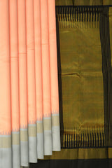 Peach Kanchipuram Silk Saree with embossed diamond zari on the body with Grey and Black contrast border and pallu