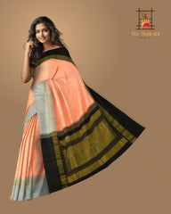 Peach Kanchipuram Silk Saree with embossed diamond zari on the body with Grey and Black contrast border and pallu