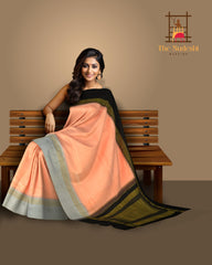 Peach Kanchipuram Silk Saree with embossed diamond zari on the body with Grey and Black contrast border and pallu
