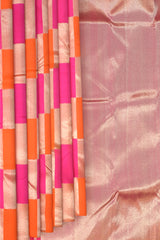 Orange- Pink-Silver Block Checks Kanchipuram Silk Saree with Block Checks on the body with Orange PinkSilver Block Checks border and Grand Silver Zari Tissue Pink Pallu