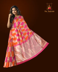 Orange- Pink-Silver Block Checks Kanchipuram Silk Saree with Block Checks on the body with Orange PinkSilver Block Checks border and Grand Silver Zari Tissue Pink Pallu