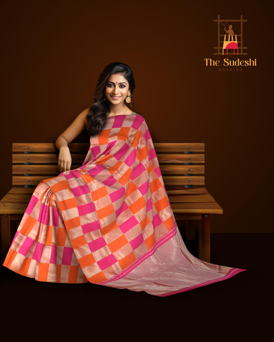 Orange- Pink-Silver Block Checks Kanchipuram Silk Saree with Block Checks on the body with Orange PinkSilver Block Checks border and Grand Silver Zari Tissue Pink Pallu