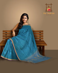 Blue Kanchipuram Silk Saree with Purple contrast border and Dull Blue Pallu with Mango Motif