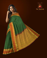 Bottle Green Kanchipuram Silk Saree with Horizontal Neli on the body with Orange and Maroon dual color border and Grand Maroon Pallu with Peacock, Rudraksham with Coin Buttas with diamond lines