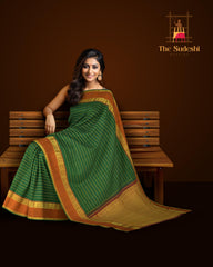 Bottle Green Kanchipuram Silk Saree with Horizontal Neli on the body with Orange and Maroon dual color border and Grand Maroon Pallu with Peacock, Rudraksham with Coin Buttas with diamond lines