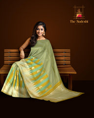 Light Green Kanchipuram Silk Saree with Long Border on the body with Mustard and Green dual color border and 8 Kol Seepu Reku Grand Tissue Pallu. Silver Zari.