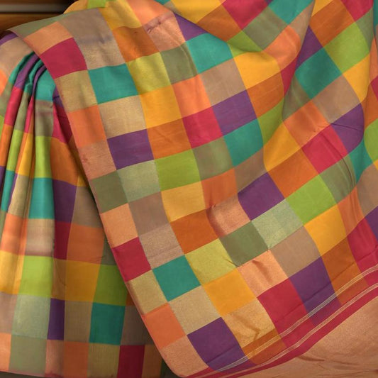 Multi color checks Kanchipuram Silk Saree with Checks on the body with Grand Tissue Pallu