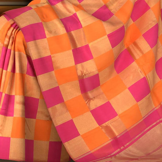 Orange and Pink Kanchipuram Silk Saree with 8 Kol Seepu Reku Grand Tissue Pallu