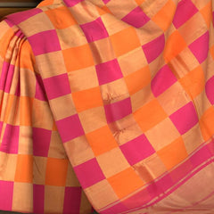 Orange and Pink Kanchipuram Silk Saree with 8 Kol Seepu Reku Grand Tissue Pallu