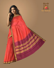 Orange Kanchipuram Silk Saree with Diamond with Mango on the body with Purple contrast border and Seet Mundhi with gatti zari