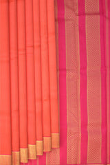 Orange and Pink Kanchipuram Silk Saree with Podi Kattam on the body with Pink contrast border and Pink pallu with mayil kan border with seer mundhi