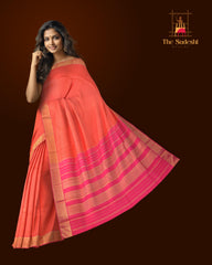 Orange and Pink Kanchipuram Silk Saree with Podi Kattam on the body with Pink contrast border and Pink pallu with mayil kan border with seer mundhi