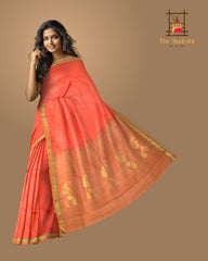 Coral Pink Color Kanchipuram Silk Saree with Silk Saree Small Gold s plain design on the body with cross lines contrast border and Dual Tone Dull Greenish Peach with big mango motif pallu.
