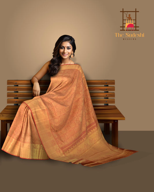 Rust Orange with Intricate Floral Motifs Kancheevaram Silk Saree