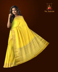 Lemon Yellow Kancheevaram Silk Saree with Grey Contrast
