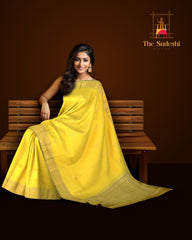 Lemon Yellow Kancheevaram Silk Saree with Grey Contrast