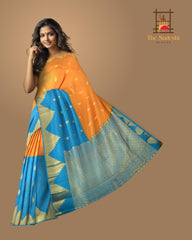 Orange and Copper Sulphate Blue Kancheevaram Silk Saree