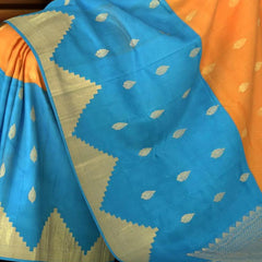 Orange and Copper Sulphate Blue Kancheevaram Silk Saree