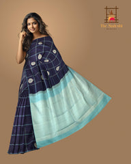 Navy Blue Kancheevaram Silk Saree with Checkered Pattern