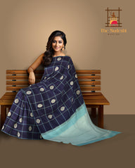 Navy Blue Kancheevaram Silk Saree with Checkered Pattern