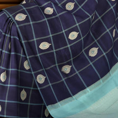Navy Blue Kancheevaram Silk Saree with Checkered Pattern