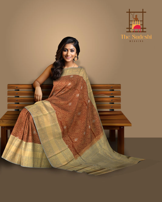 Maroon Kancheevaram Silk Saree with Grey Contrast and Benaraspet Annam Border