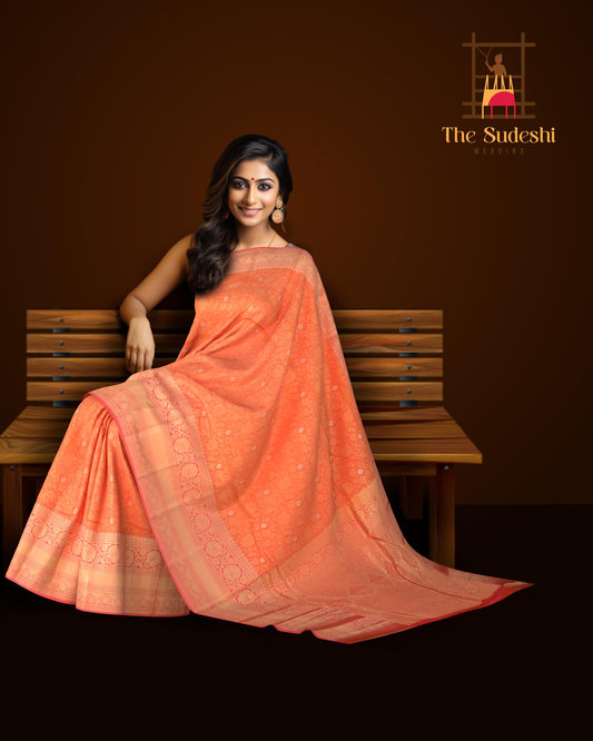 Peach Blossom Elegance: Peach Pure Silk Saree with Pink Bavanshi Borders