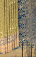 Verdant Splendor: Olive Green Pure Silk Saree with Blue Bavanshi Borders