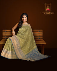Verdant Splendor: Olive Green Pure Silk Saree with Blue Bavanshi Borders