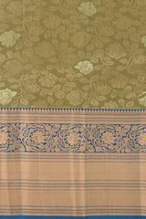 Verdant Splendor: Olive Green Pure Silk Saree with Blue Bavanshi Borders