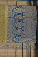 Verdant Splendor: Olive Green Pure Silk Saree with Blue Bavanshi Borders