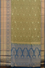 Verdant Splendor: Olive Green Pure Silk Saree with Blue Bavanshi Borders