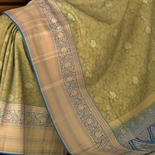 Verdant Splendor: Olive Green Pure Silk Saree with Blue Bavanshi Borders