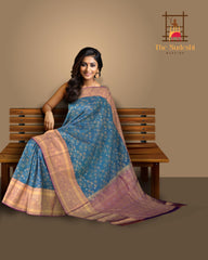 Sapphire Serenity: Blue Pure Silk Saree with Purple Bavanshi Borders