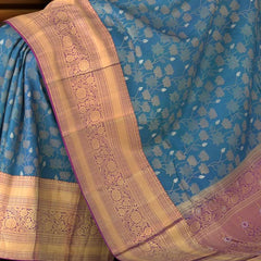 Sapphire Serenity: Blue Pure Silk Saree with Purple Bavanshi Borders