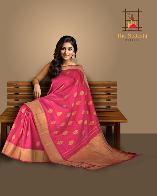 Blush Grandeur: Pink Pure Silk Saree with Grand Getti Border