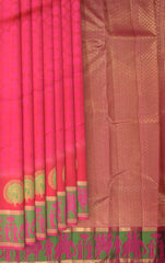 Watermelon Pink Kancheevaram Silk Saree with Meenakari Peacock Jacquard