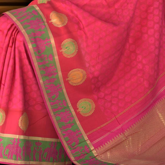 Watermelon Pink Kancheevaram Silk Saree with Meenakari Peacock Jacquard